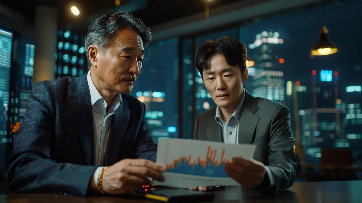 비상장주식 증여를 위해 세무 전문가와 함께 주식평가 그래프를 분석하는 모습