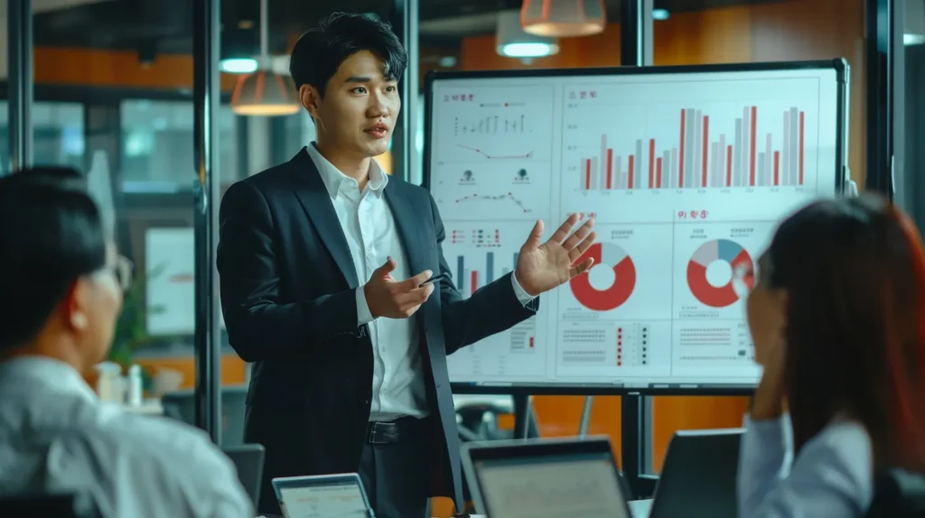 M&A 실사 이슈를 프레젠테이션 중인 한국인 회계사