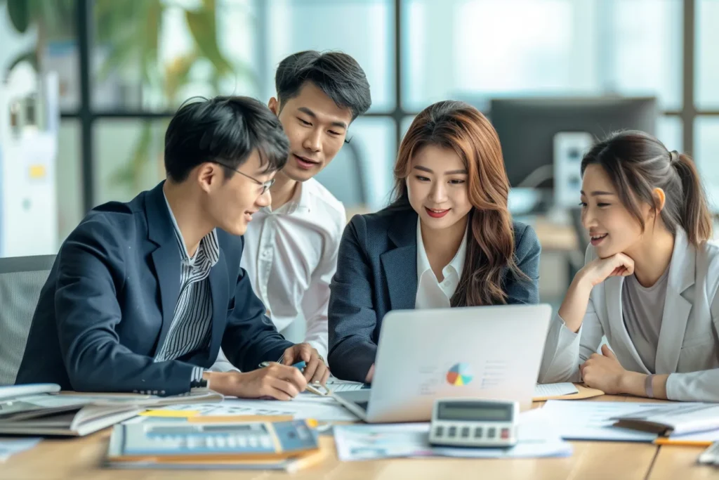 외부감사 준비를 위해 회계자료를 검토하는 스타트업 팀