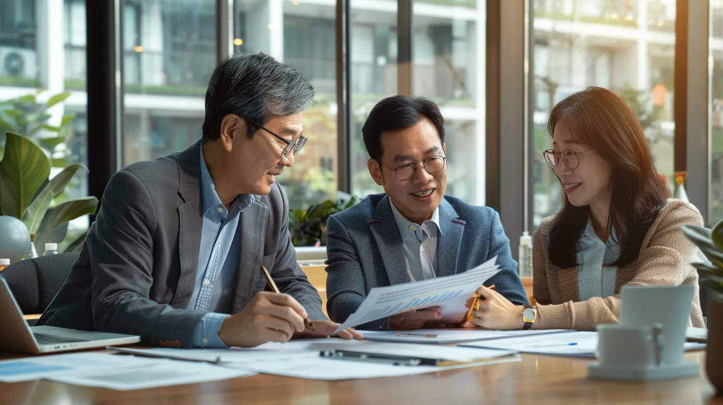 자녀 주식 증여를 위한 상담을 받고 있는 중년 부부와 회계사