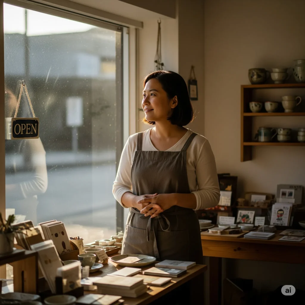 가게 창가에 서서 희망찬 표정으로 햇살을 받는 소상공인. 2025년 소상공인 3대 지원사업 혜택을 상징하는 이미지.