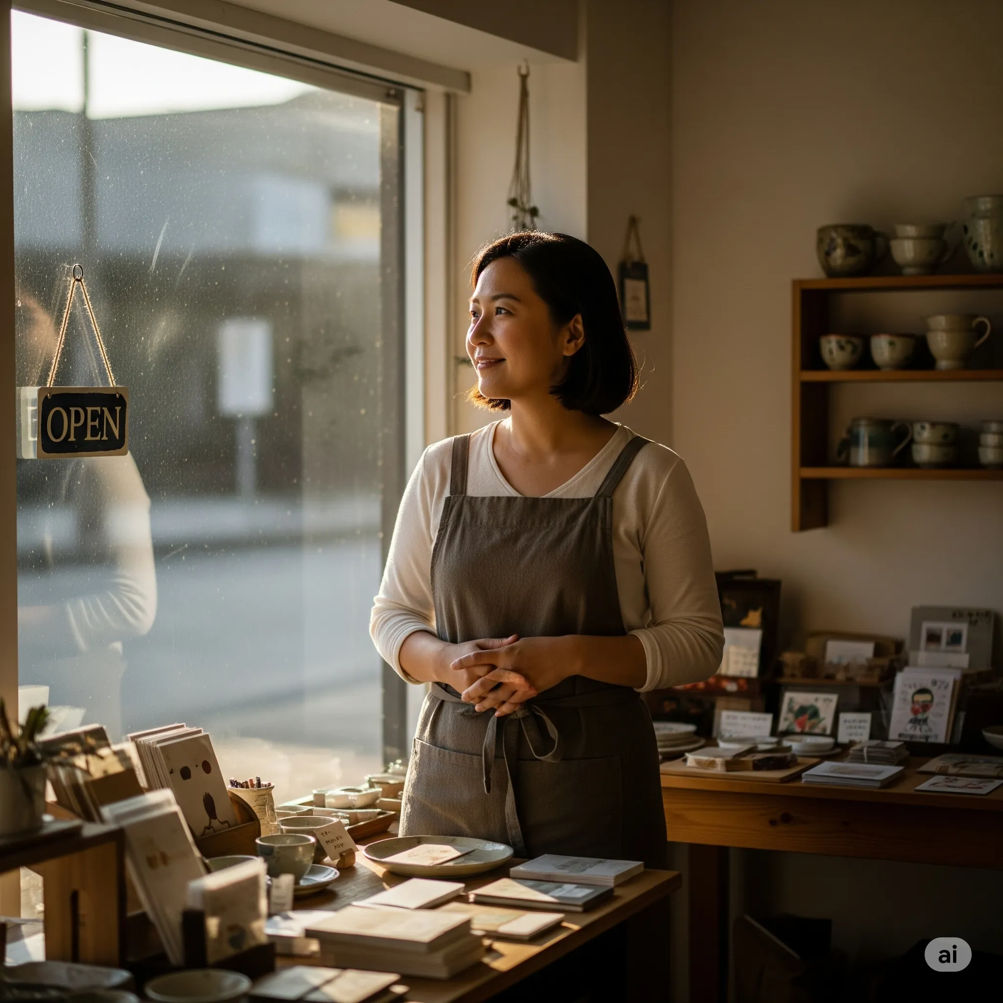 가게 창가에 서서 희망찬 표정으로 햇살을 받는 소상공인. 2025년 소상공인 3대 지원사업 혜택을 상징하는 이미지.