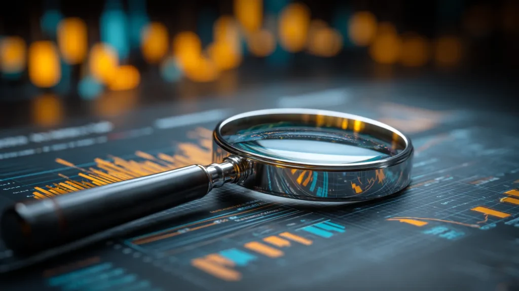 금융 데이터와 그래프가 표시된 문서 위에 놓인 돋보기. 2025년 재무제표 중점심사 및 회계감사 대비의 중요성을 나타내는 전문적인 이미지.