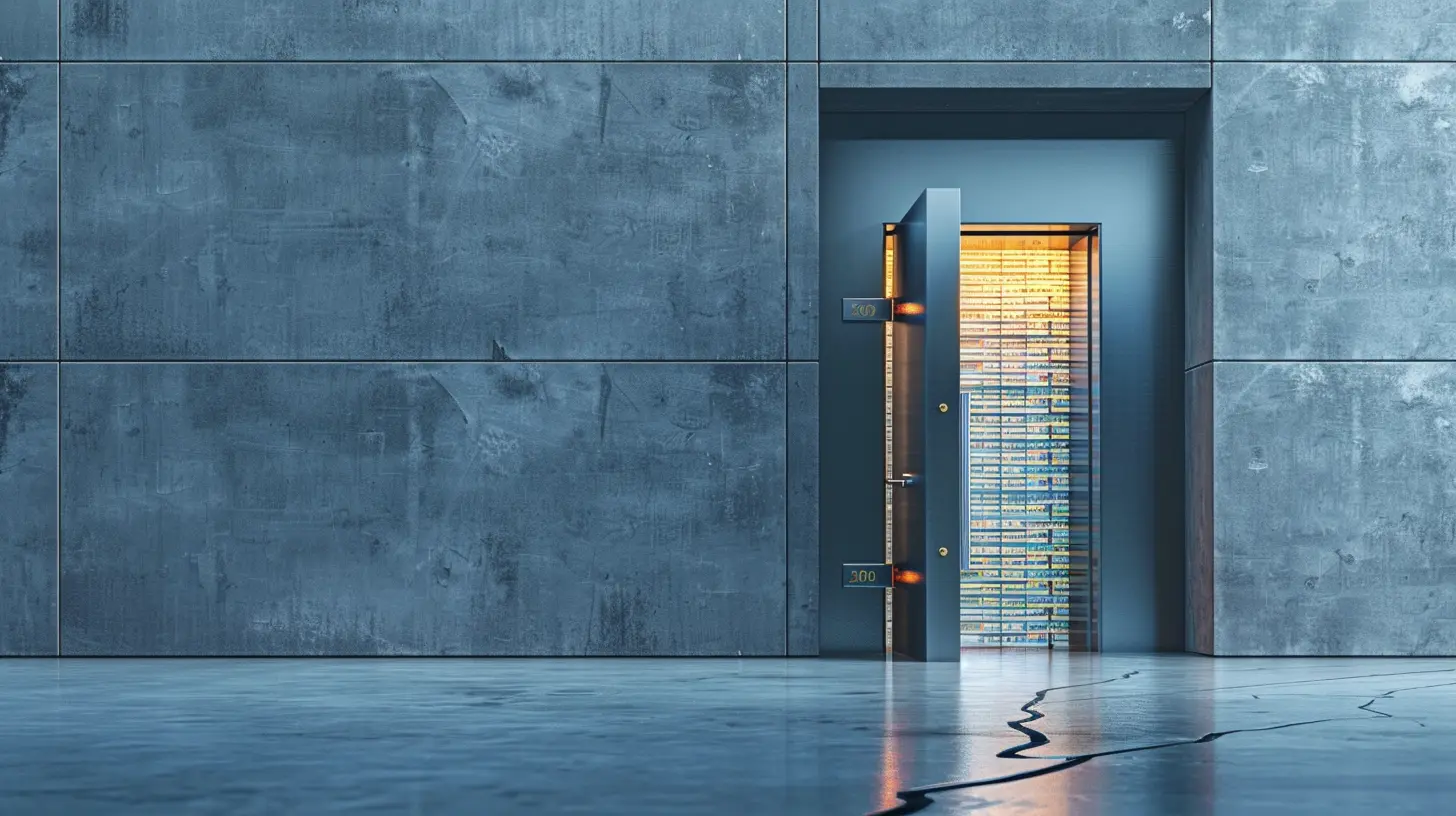 법인 자금 보호를 상징하는 현대식 은행 금고 내부와 열린 문
