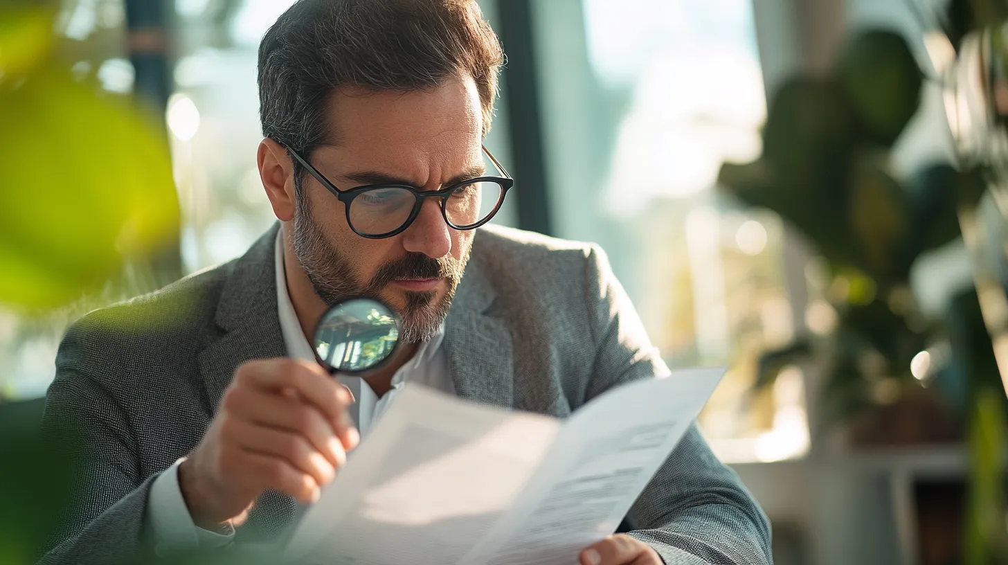 돋보기로 재무 서류를 꼼꼼히 살피며 외부감사 대응을 준비하는 전문가의 모습