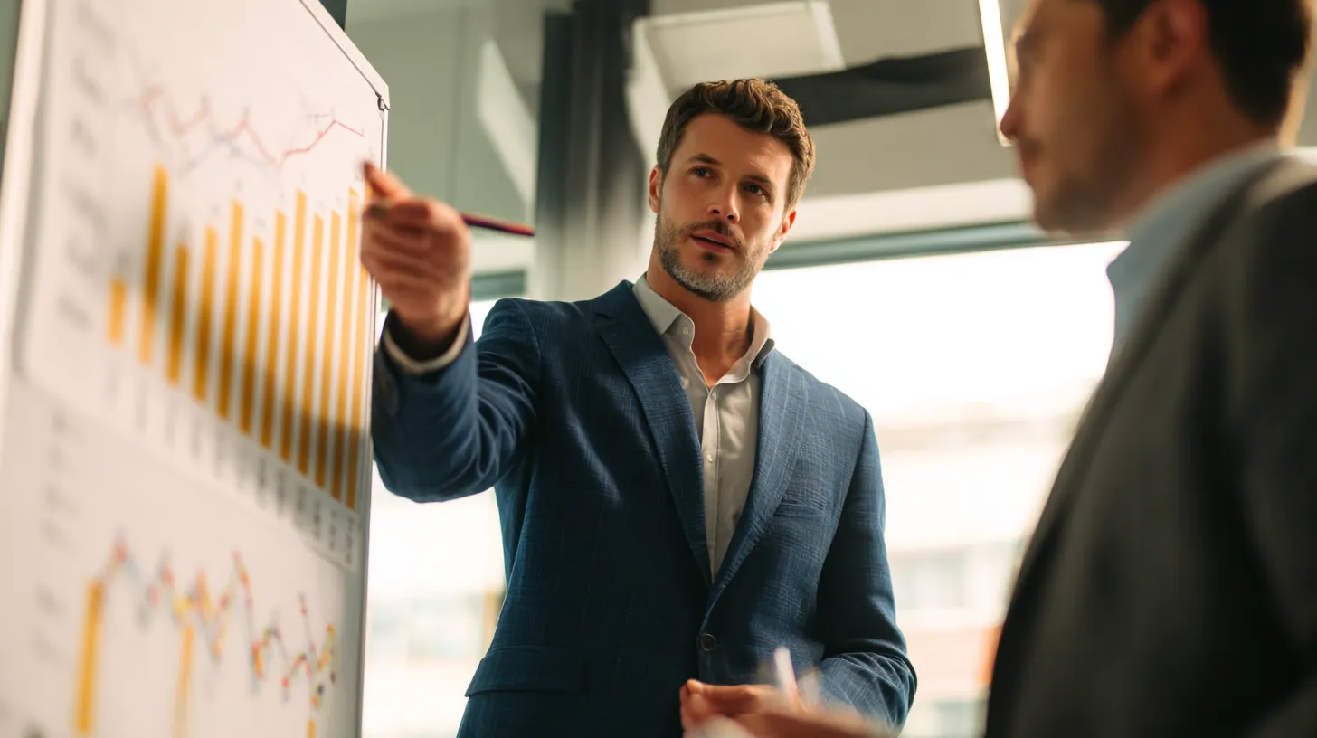 스타트업 대표가 투자자에게 가치평가 보고서의 핵심 그래프를 설명하며 설득하는 모습