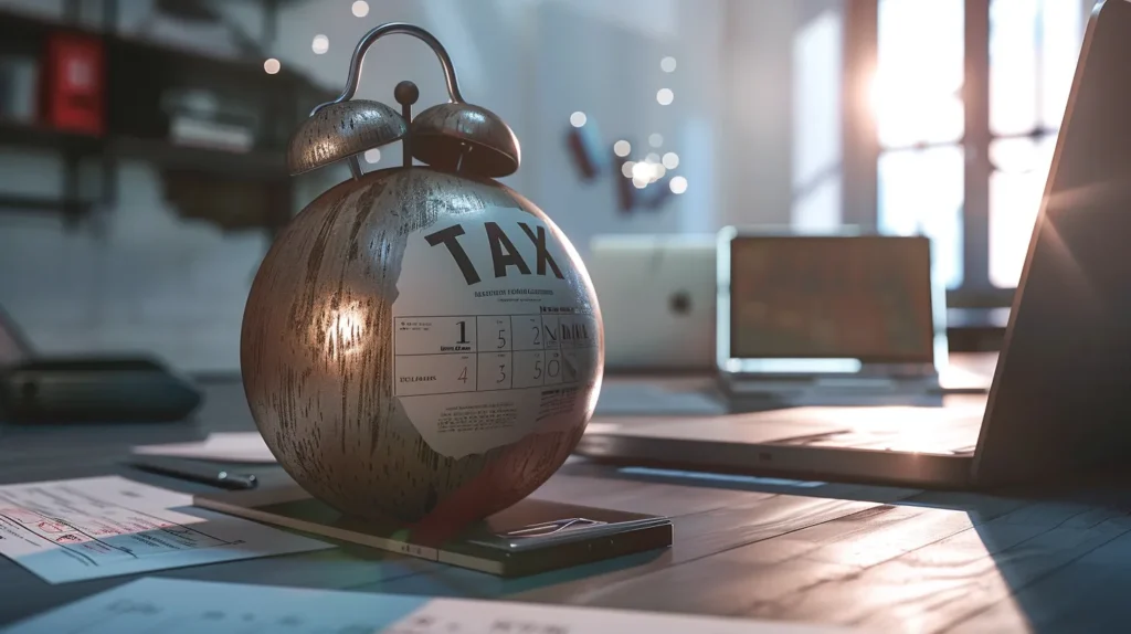 책상 위에 놓인 'TAX'라고 쓰인 폭탄 모양의 시계. 절세 실수로 인한 가산세 폭탄과 세무조사의 위험을 상징하는 이미지.