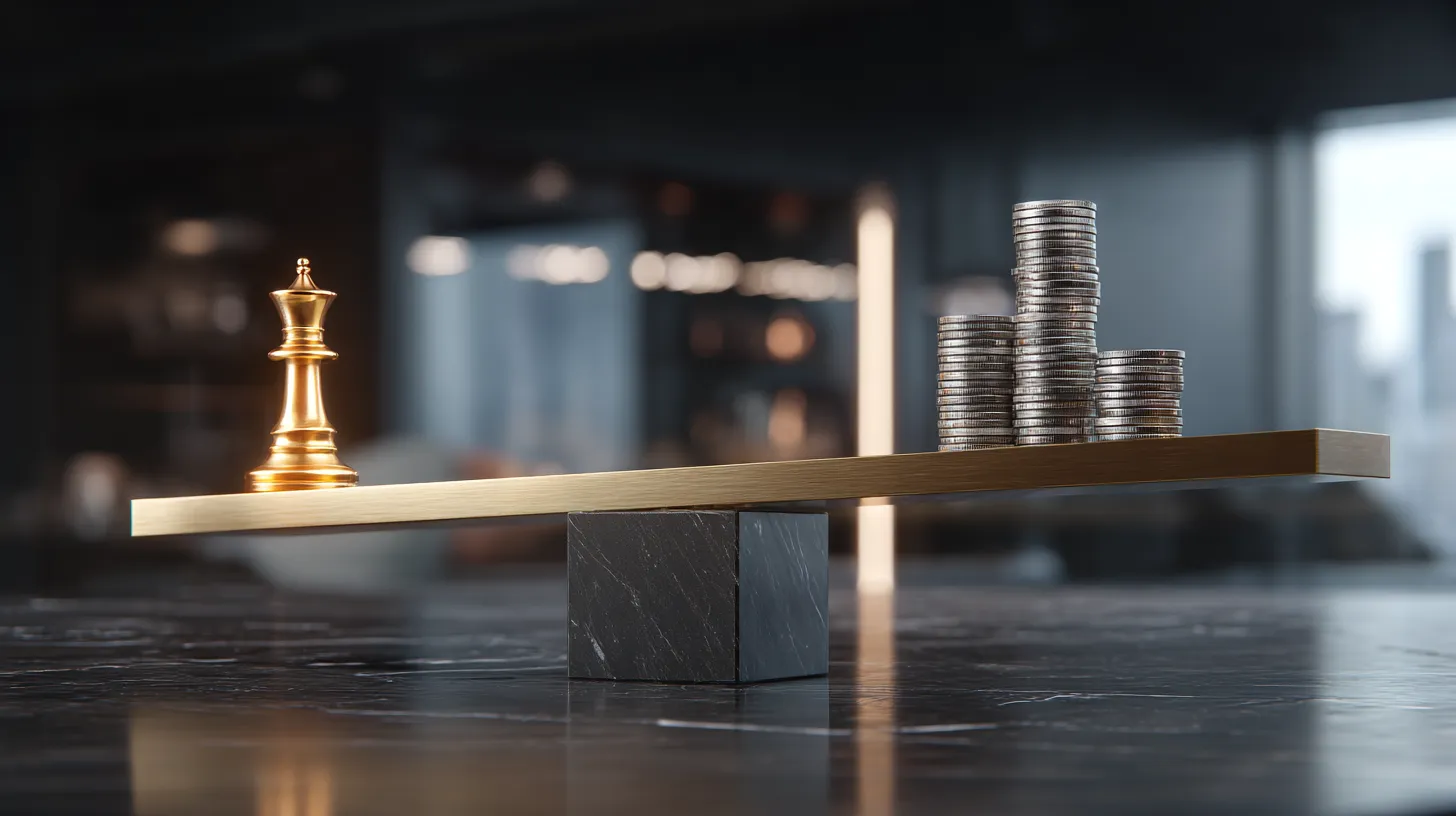 복수의결권주식에서 경영권과 기업가치 사이의 균형을 상징하는 체스 킹과 동전 무게 비교