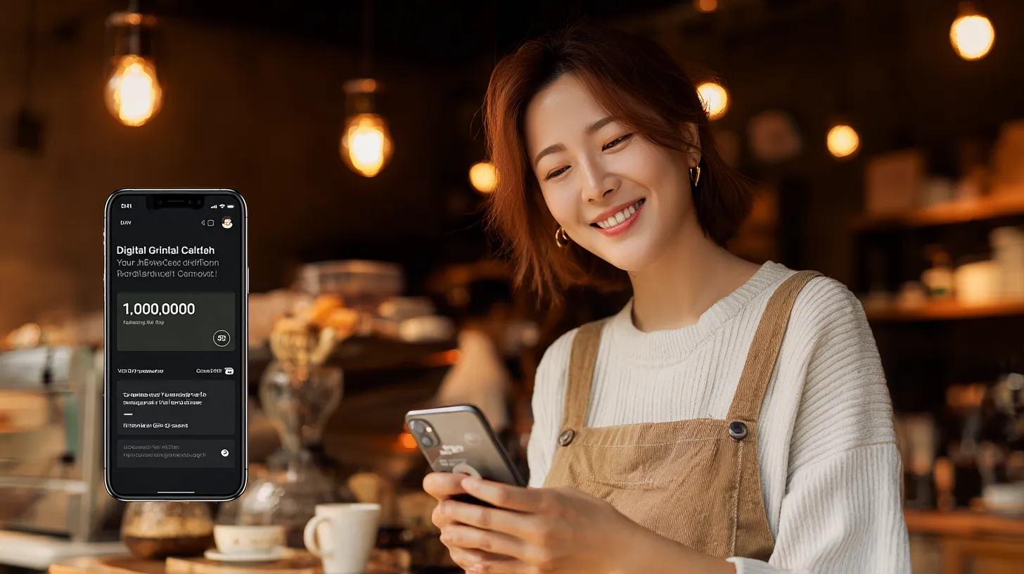 상생페이백.kr 신청을 위해 스마트폰으로 디지털 온누리상품권을 확인하는 여성