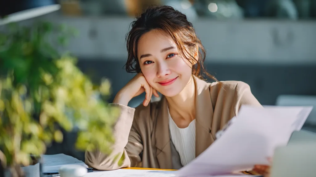 햇살 좋은 사무실에서 정부지원 창업자금 서류를 검토하며 미소 짓는 여성 대표