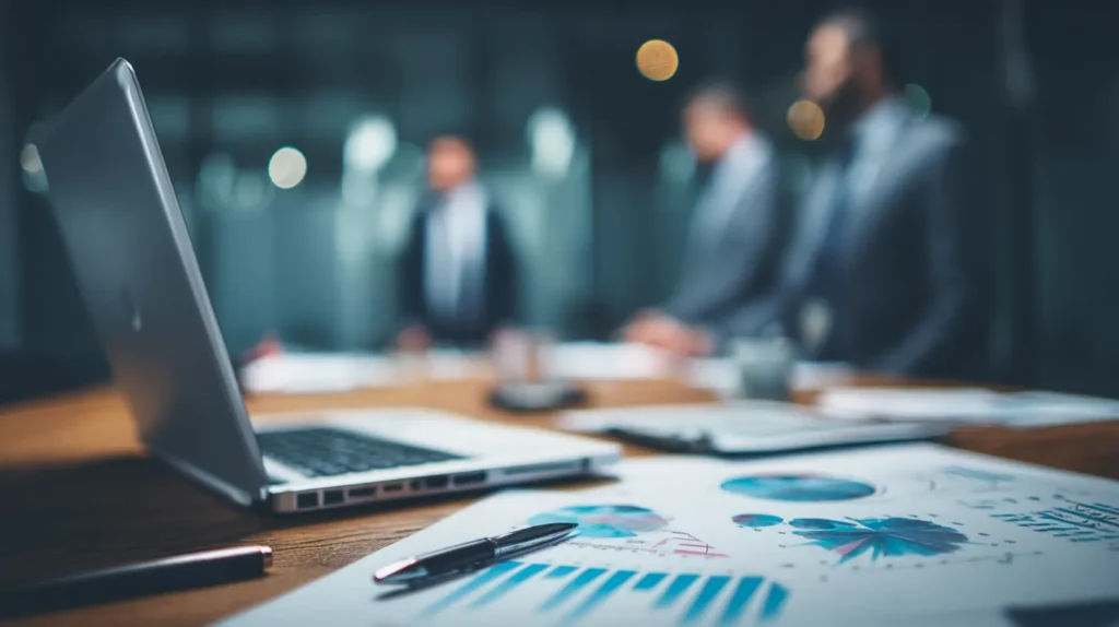 M&A 재무실사를 위해 회의실에서 재무자료를 검토하는 회계사와 경영진