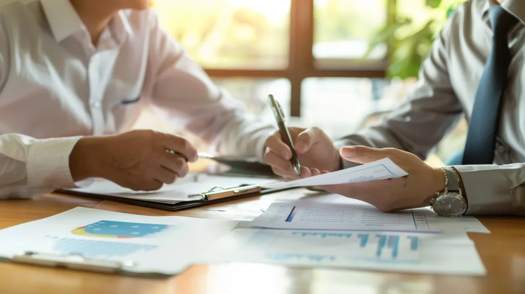 법인전환 세금 비교를 위해 회계사가 재무자료를 검토하는 장면