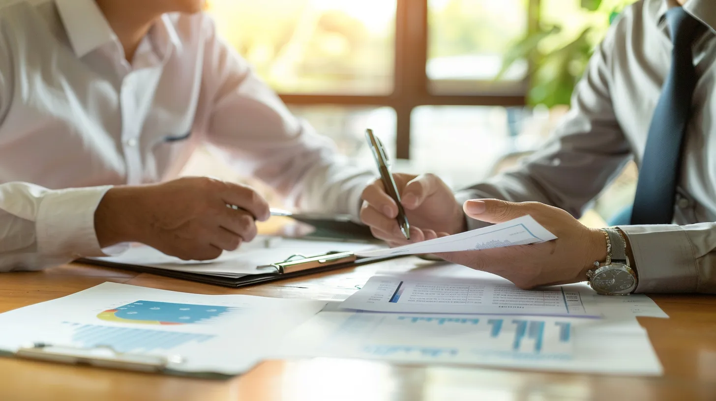 법인전환 세금 비교를 위해 회계사가 재무자료를 검토하는 장면