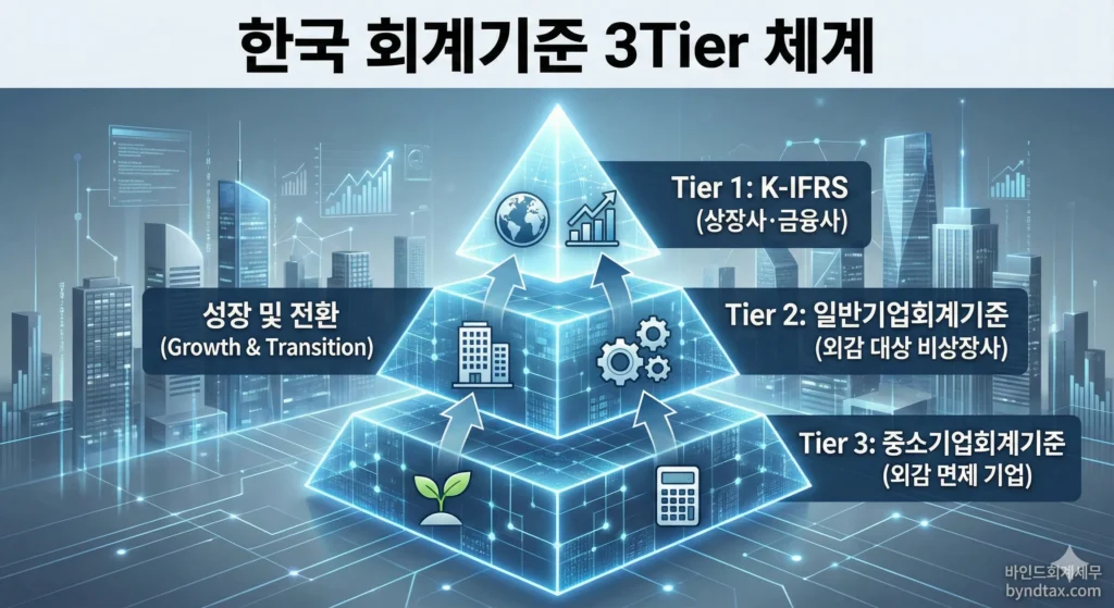 한국 회계기준 3Tier 체계 인포그래픽입니다. Tier 1(K-IFRS, 상장사·금융사), Tier 2(일반기업회계기준, 외감 비상장사), Tier 3(중소기업회계기준, 외감 면제 기업)의 계층 구조와 성장 및 전환 흐름을 피라미드 형태로 보여줍니다. 바인드회계세무 로고가 포함되어 있습니다.