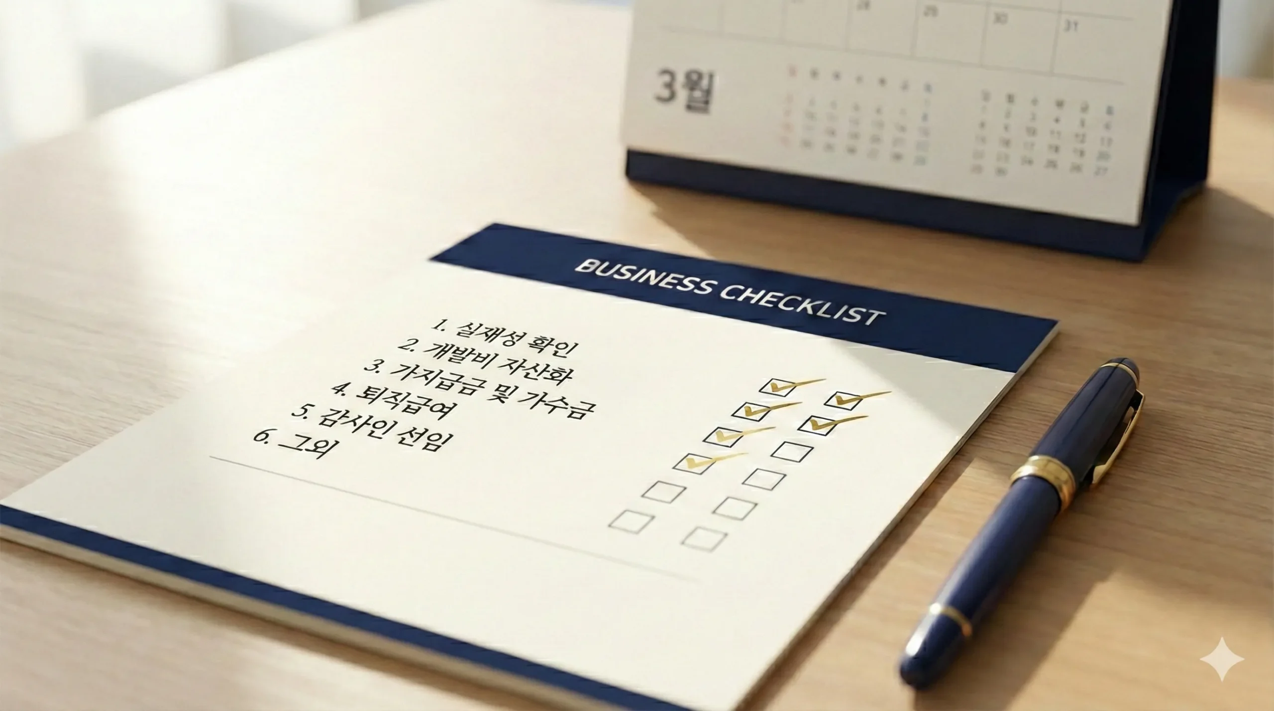 초도 감사 준비를 위한 3월 체크리스트, 5가지 필수 점검 항목이 표시된 비즈니스 문서